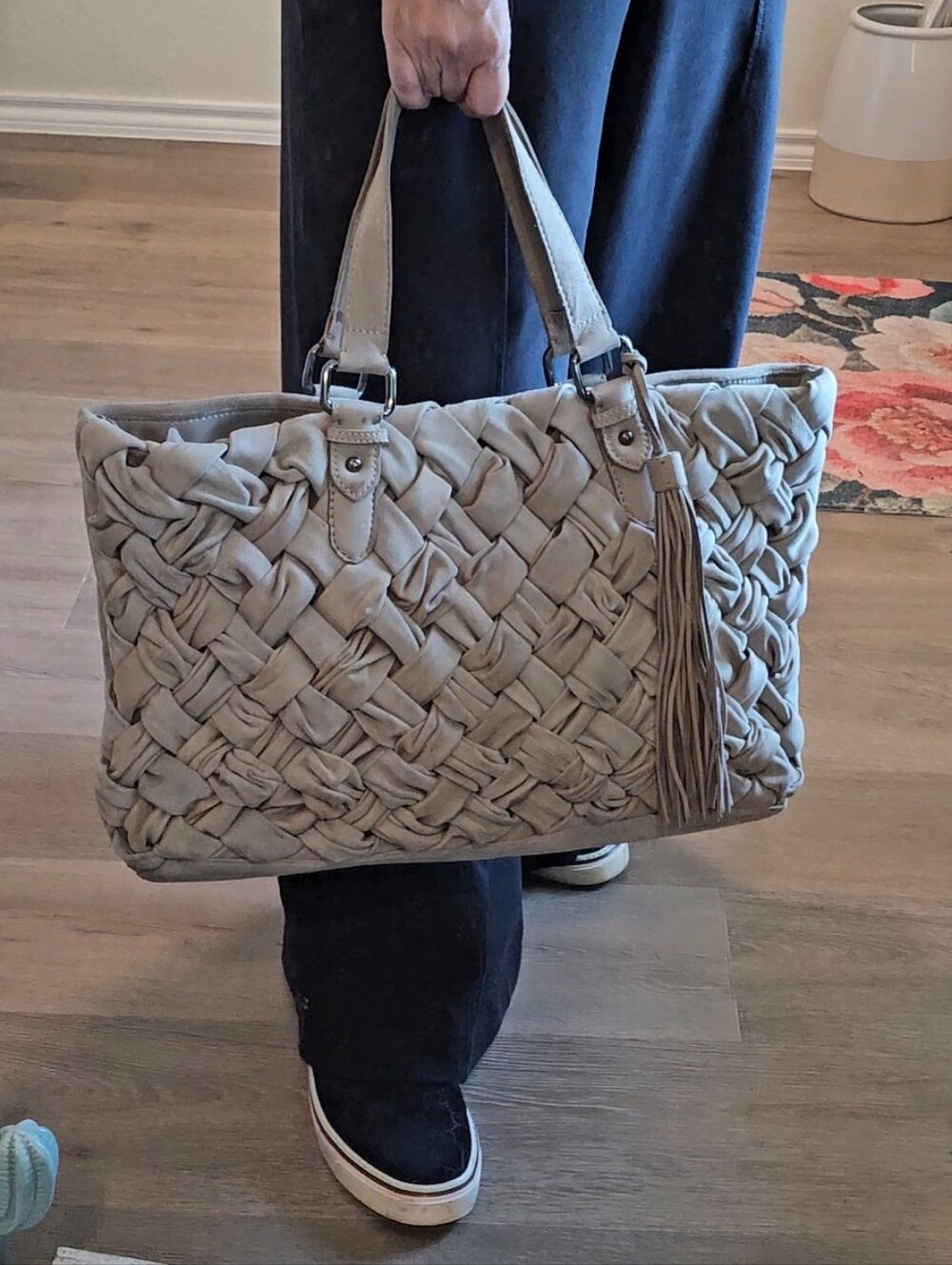 Zara Woven Fringe Leather Shoulder Tote Bag